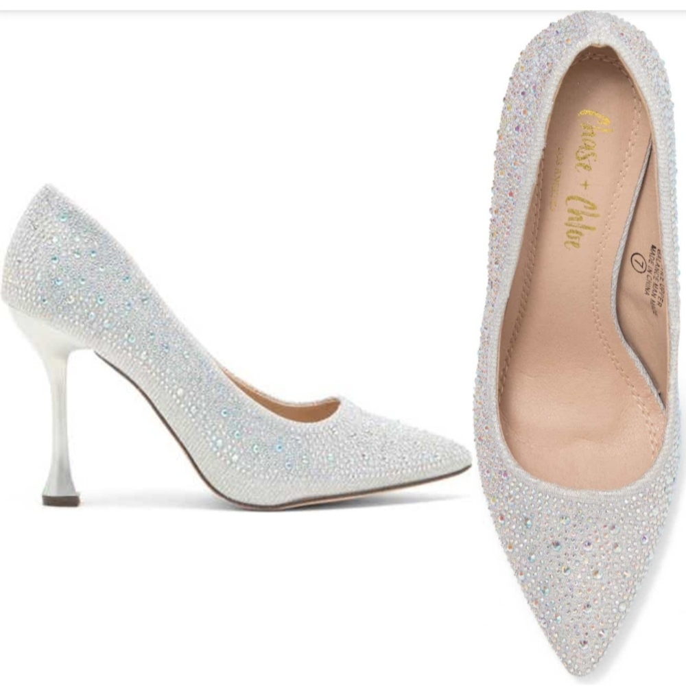 Chase + Chloe Silver Glitter Heels Pointed Toe